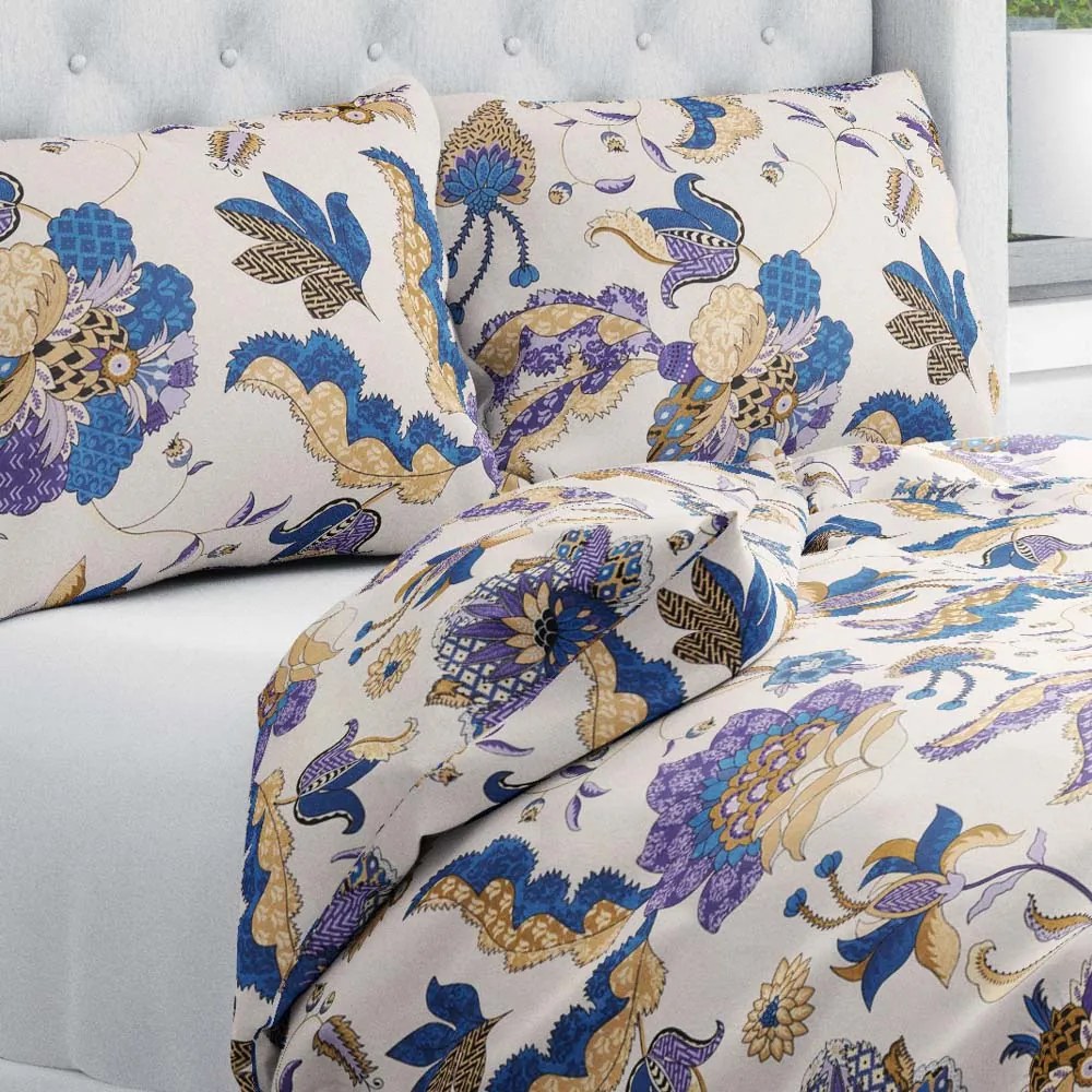 Biante Bavlnené posteľné obliečky Sandra SA-539 Modro-fialové orientálne kvety na svetlo béžovom Predĺžené 140x220 a 70x90 cm