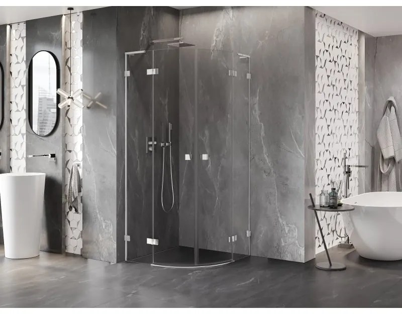 Mexen Lunar, L polkruhový výklopný sprchový kút 90 x 90 cm, 8mm číre sklo, chrómový profil, 833L-090L-090P-01-00