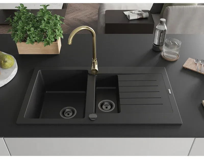 Mexen Matias, granitový drez 900x505x200 mm, 1,5-komorový a zlatá batéria Telma, čierna, 6502-77-670200-50-B