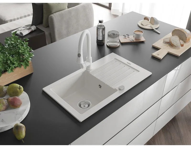 Mexen Pablo, 1-komorový granitový drez 752x436x161 mm a drezová batéria Elia, biela, 6510-20-670101-20