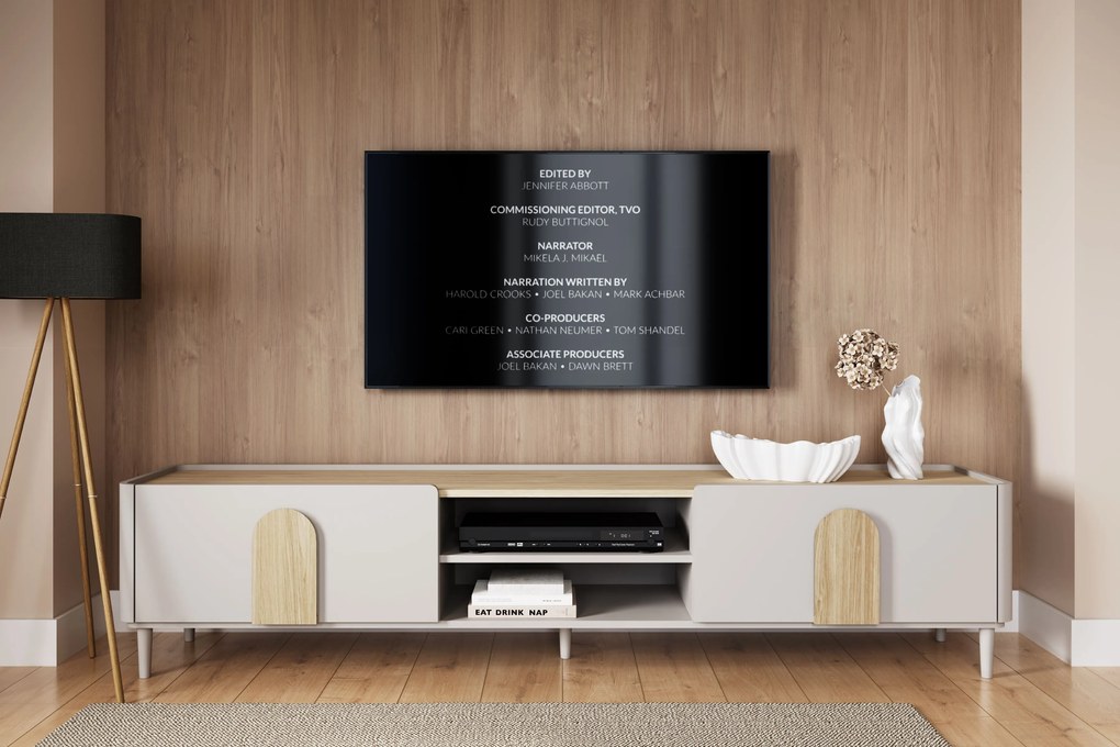TV stolík Amilio 220 cm so zásuvkou - kašmír / olejovaný dub / úchytky svetlý dub