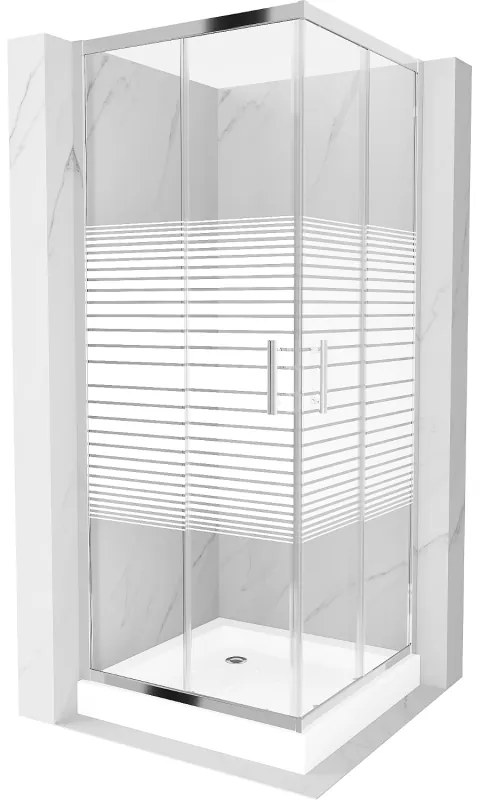 Mexen Rio, štvorcový sprchovací kút s posuvnými dverami 80 x 80 cm, 6mm číre sklo/pásy, chrómový profil + biela vysoká sprchová vanička Rio, 860-080-080-01-20-4510