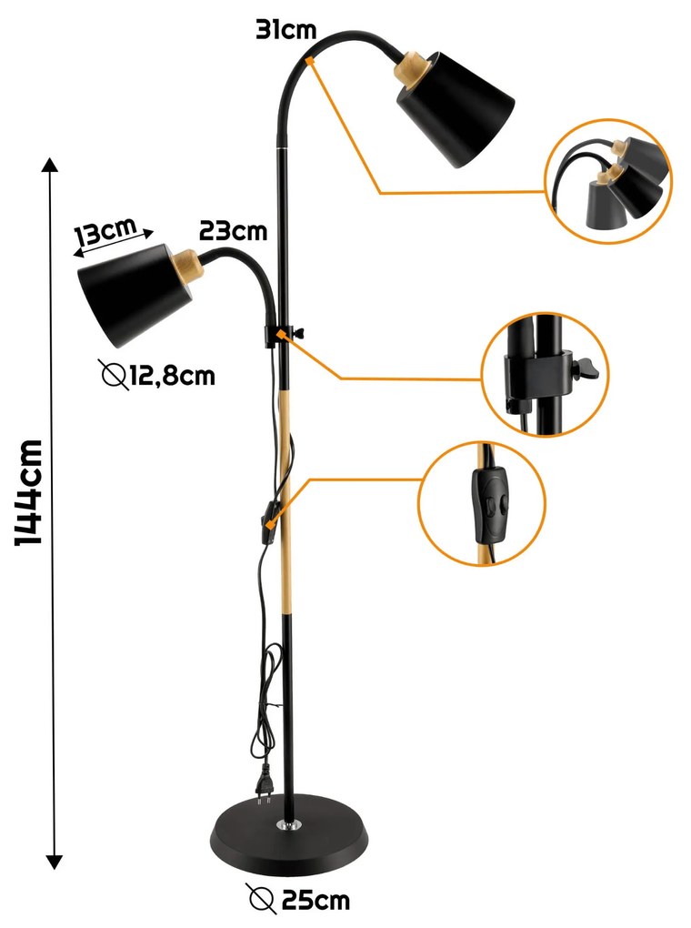 BERGE Stojacia LED lampa 2xE27 čierna
