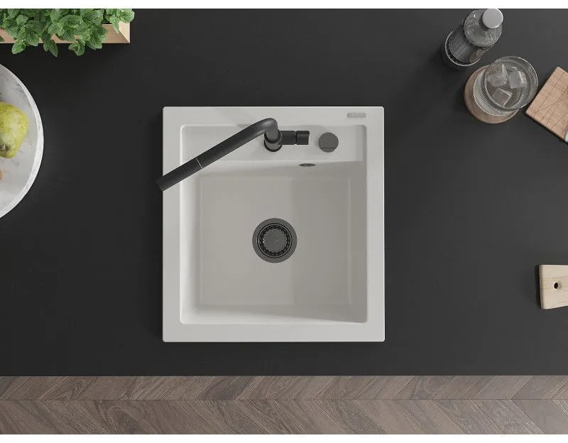 Mexen Vito, 1-komorový granitový drez 490x520x210 mm a drezová batéria Flora, biela, 6503-20-670401-70-B