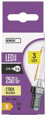 EMOS LED filamentová žiarovka, E14, Mini, 2W, 250lm, teplá biela