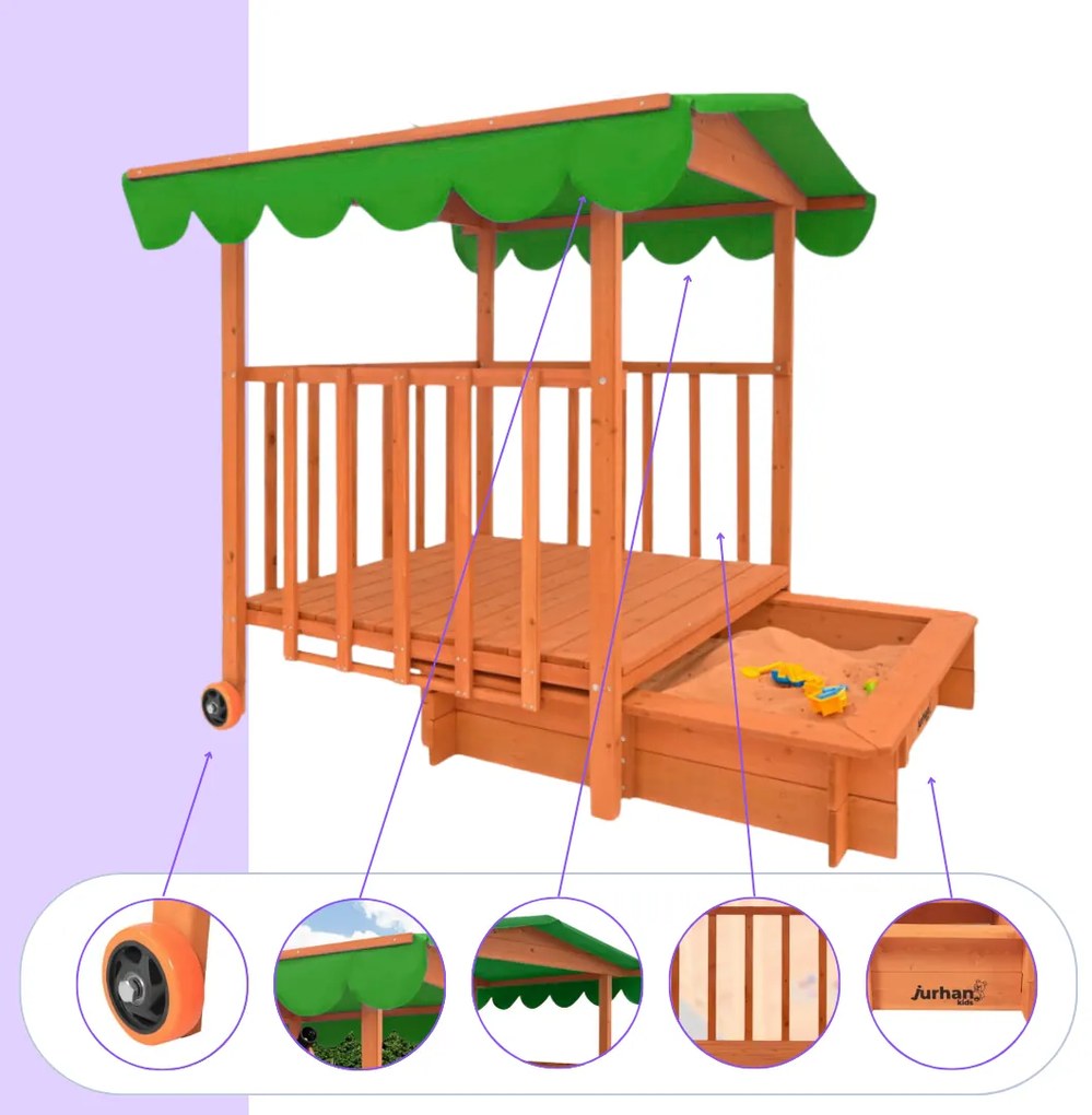 Pieskovisko s verandou HAPPY, 130x130x143cm, hnedá/zelená Jurhan