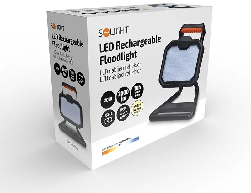 SOLIGHT LED reflektor 20W, prenosný, nabíjací, 2000lm, oranžovo-čierny