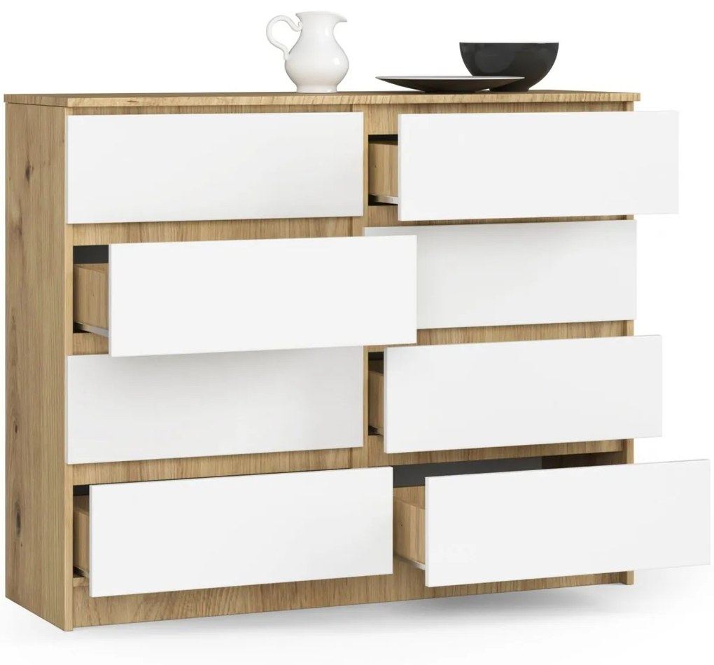 Komoda Kuba 120 cm 8 zásuviek dub artisan/biela