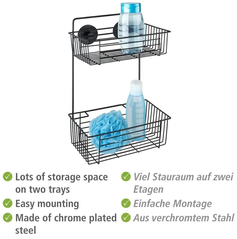 Čierna nástenná dvojposchodová polica do kúpeľne Wenko Vacuum-Loc® Pavia