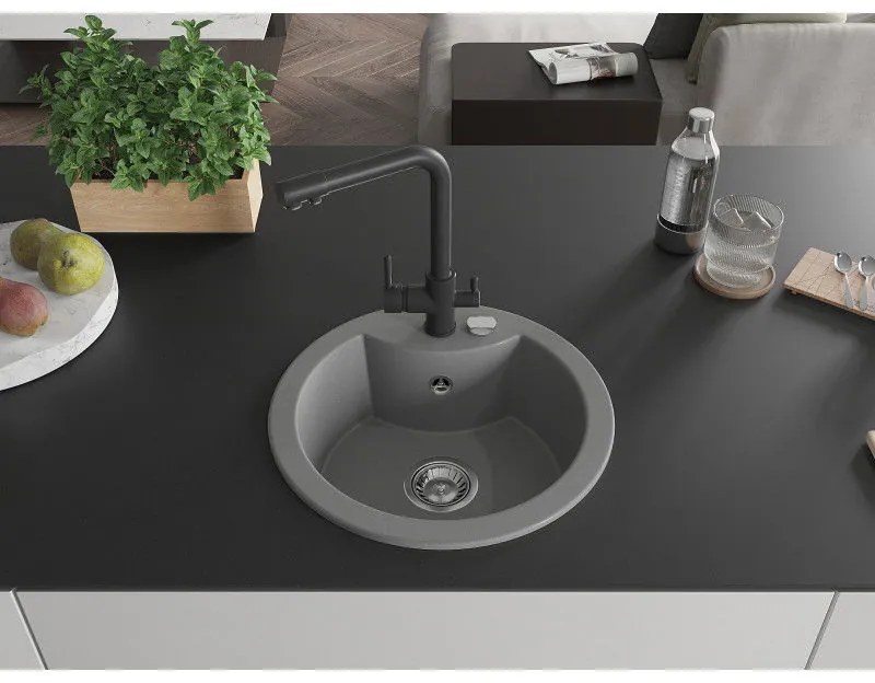 Mexen Diego, 1-komorový granitový drez 488x488x167 mm, čierna batéria Duero, šedá, 6512-71-671600-70