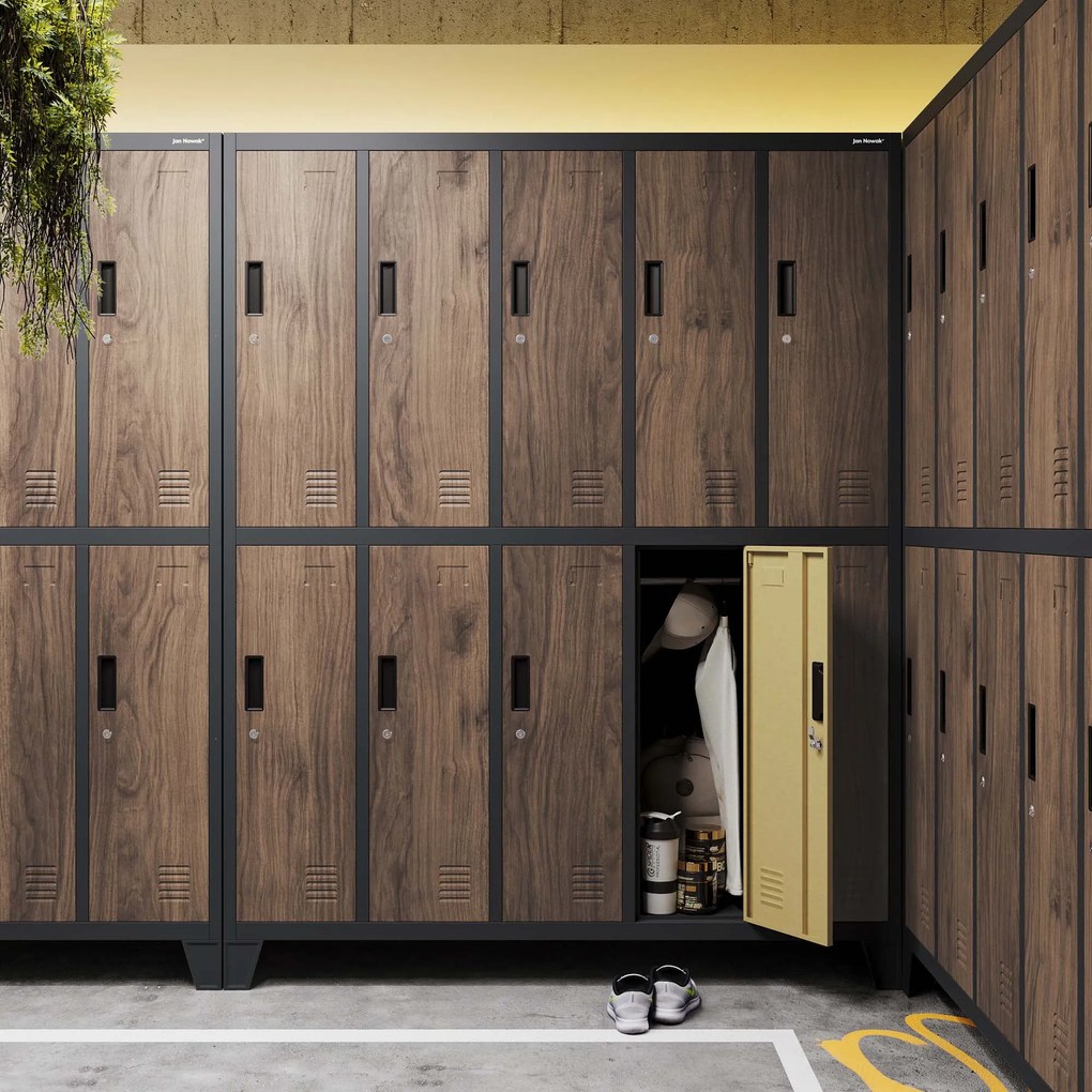 Kovová šatňová boxová skriňa na nôžkach s 10 boxami BARTEK, 1360 x 1720 x 450 mm, Eco Design: antracitová/ dub sonoma