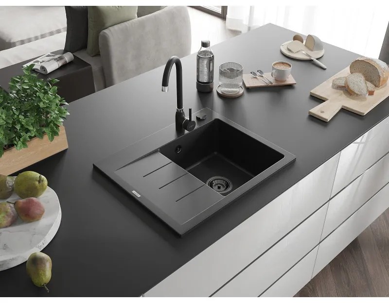 Mexen Ben, 1-komorový granitový drez 600x500x190 mm, pravý + čierny sifón, čierna, 6523605000-77-B