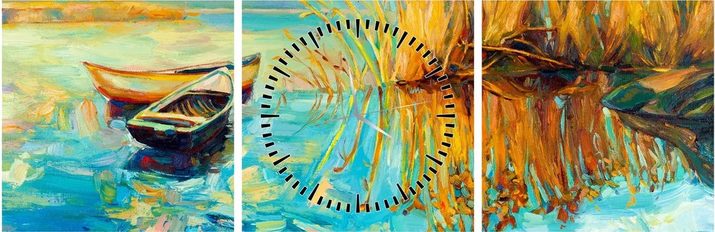 Obraz - Jazero s loďkami (s hodinami) (90x30 cm)