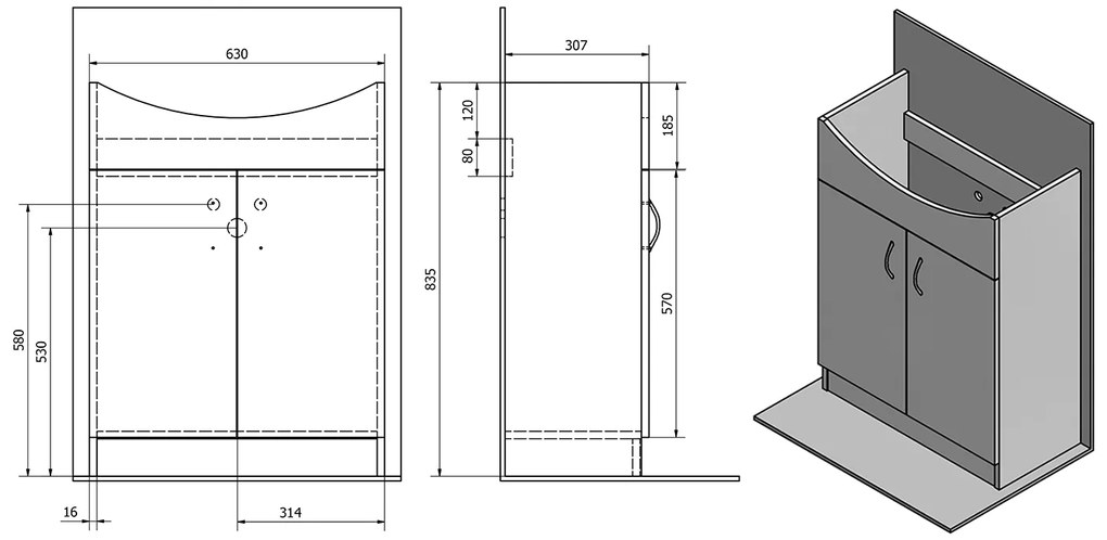 Aqualine Aqualine, SIMPLEX ECO 65 umývadlová skrinka s umývadlom 63x83,5x30,7cm, SIME650