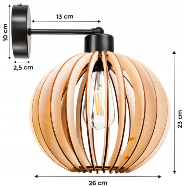 BERGE Nástenná lampa - kinkiet - E27 - drevená guľa - čierna
