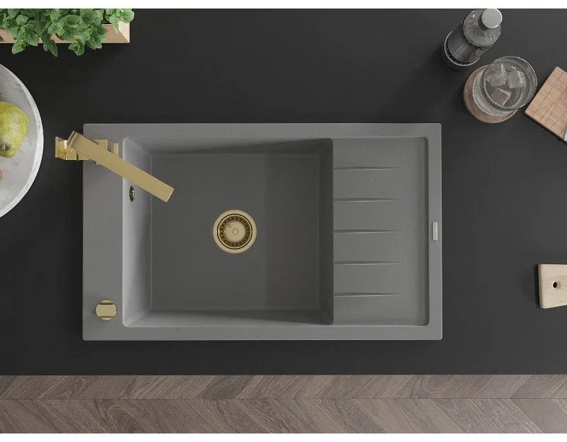 Mexen Elias, granitový drez granitový 795x480x200 mm, 1-komorový, šedá so zlatým sifónom a zlatá drezová batéria Rita, 6511-71-670300-50