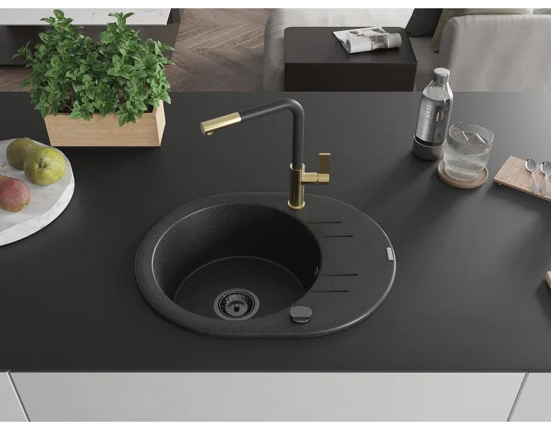 Mexen Kevin, 1-komorový granitový drez 586x458x190 mm a drezová batéria Flora, čierna-strieborná metalíza, 6517-73-670401-57-B
