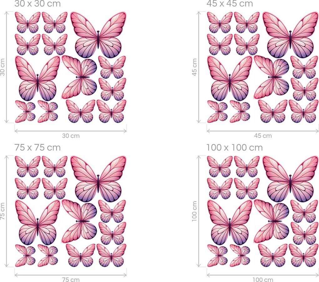 Motýle svetloružové 13 ks textilné prelepiteľné nálepky na stenu hárok 30 x 30 cm