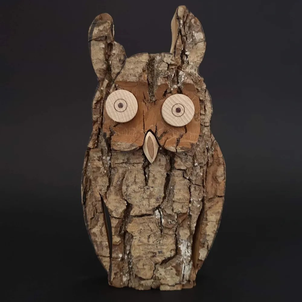 AMADEA Drevená sova s kôrou, masívne drevo, výška 16 cm