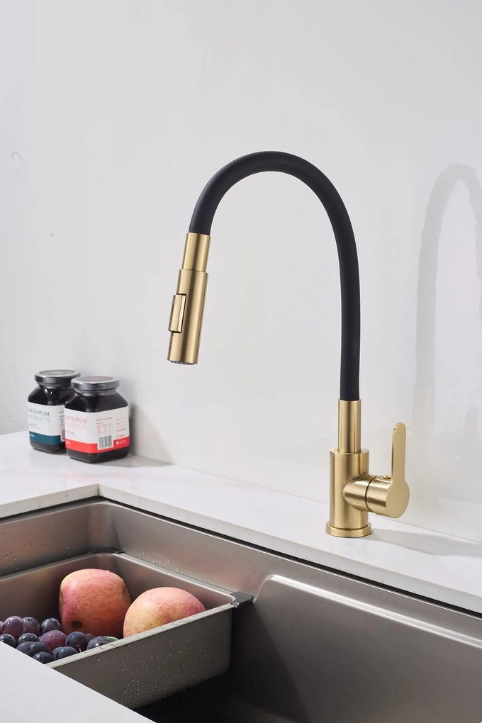 Gamma Flex 4000, stojanková drezová batéria s flexibilným ramenom, 2-funkčný výtok, čierna-zlatá matná, GMA-BFX-4000BGD