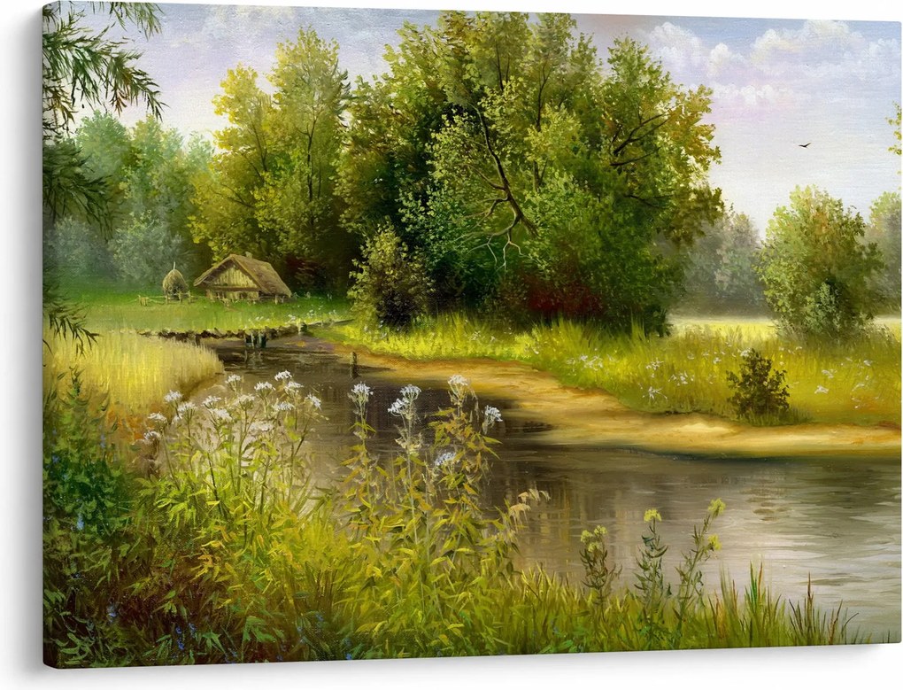 Obraz - Rieka pri lese, olejomaľba (70x50 cm)
