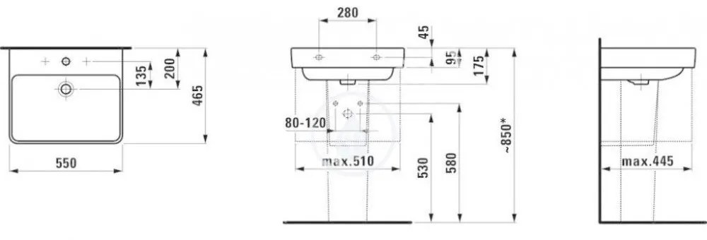 LAUFEN Pro S Umývadlo, 550 mm x 465 mm, 1 otvor na batériu, bez prepadu, s LCC, biela H8109624001561