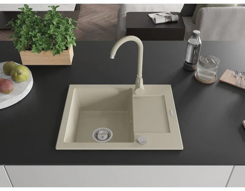 Mexen Enzo, 1-komorový granitový drez s odkvapkávačom 58x47 cm a kuchynskou batériou Telma, béžová, 6506-69-670200-69