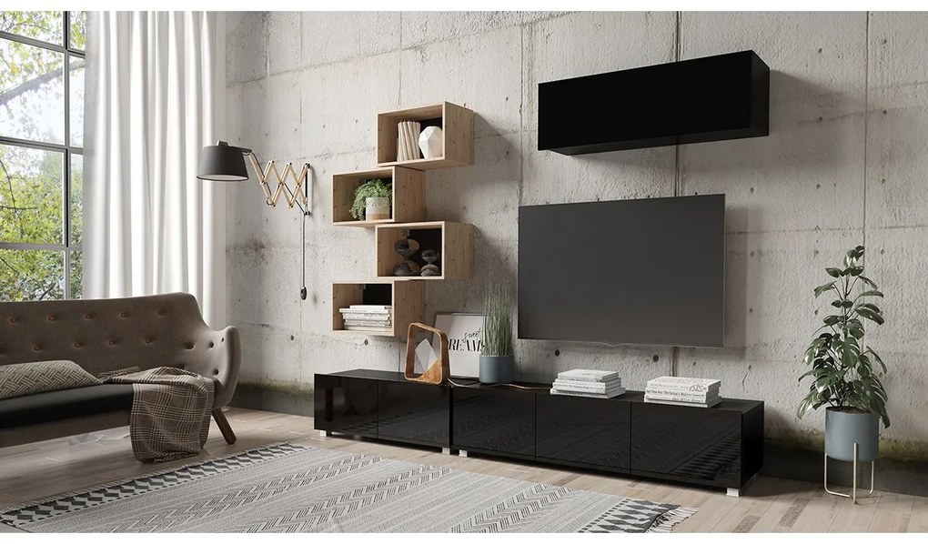 Obývacia stena Bralani XXIX, Farby: biela / biely lesk + dub zlatý