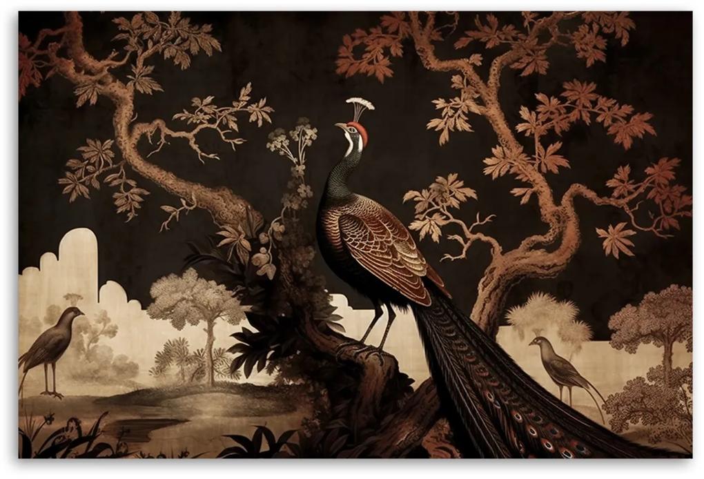Obraz na plátně, Orientální páv na stromě - 120x80 cm