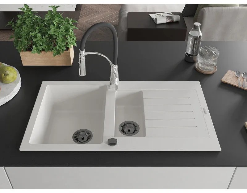 Mexen Matias, granitový drez 900x505x200 mm, 1,5-komorový a drezová batéria Aster, biela, 6502-20-73450-07-B
