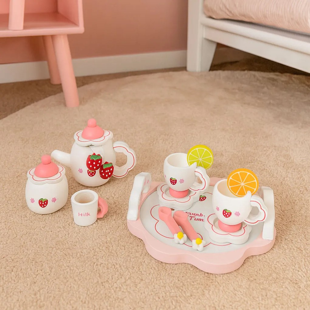 Drevený čajový set 14 ks – Jahôdky ECOTOYS