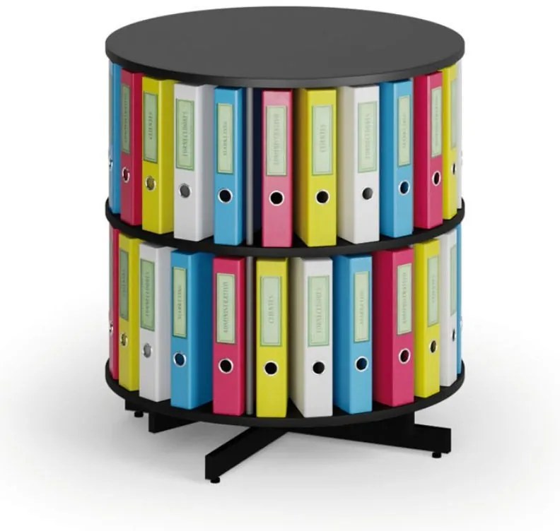 Otočný regál na zakladače, 2 poschodia, čierny