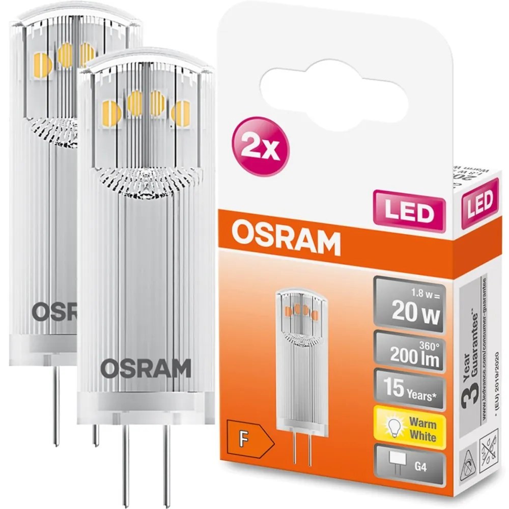 LED žiarovka G4 s päticou 1,8W = 20W 200lm 2700K Warm 300° OSRAM Star 2PAK