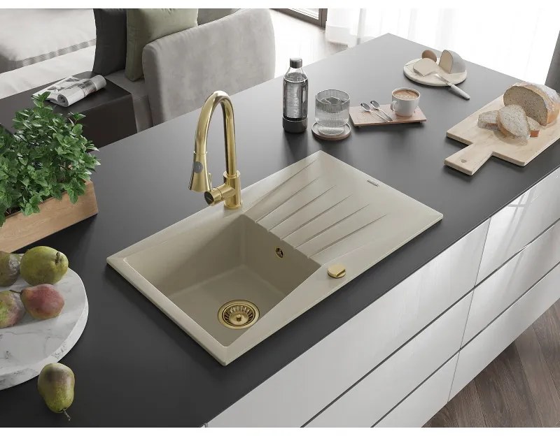 Mexen Cesar, 1-komorový granitový drez 775x470x190 mm a drezová batéria Elia, béžová, 6514-69-670101-50