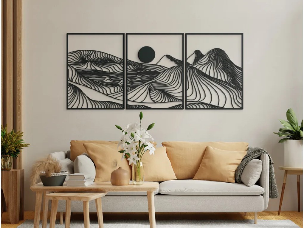 drevko 3-dielny lineart obraz Hory a slnko Rozmer obrazu: 52 x 120 cm, Farba dekorácie: Čierna
