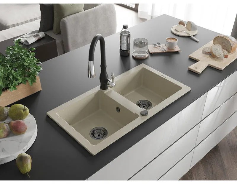 Mexen Mario, 2-komorový granitový drez 820x436x161 mm a drezová batéria Savita, béžová, 6504-69-672601-70