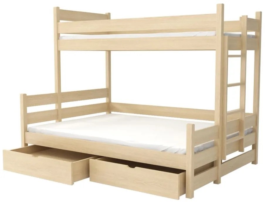 Detská poschodová posteľ z masívu borovice s rozšíreným spodným lôžkom BERTA so šuplíkmi - 200x90/140 cm - PRÍRODNÁ BOROVICA
