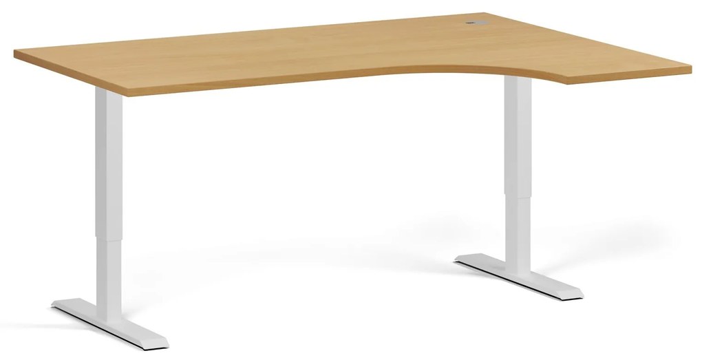 Rohový výškovo nastaviteľný stôl, 160x120 cm, 1 motor, L/P, biela podnož, buk