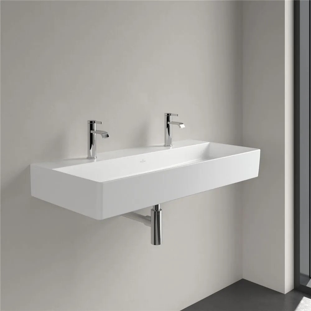 VILLEROY &amp; BOCH Memento 2.0 závesné umývadlo s dvomi otvormi, bez prepadu, 1000 x 470 mm, Stone White, s povrchom CeramicPlus, 4A22A1RW