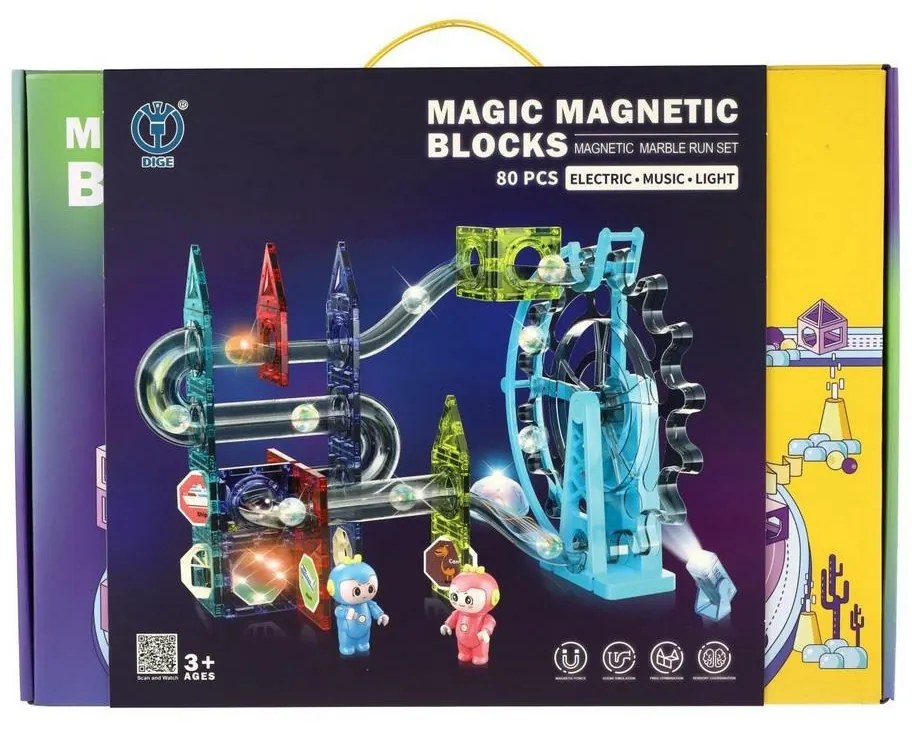 Guľôčková dráha magnetická, 80 ks, 16 guľôčok + doplnky, so svetlom