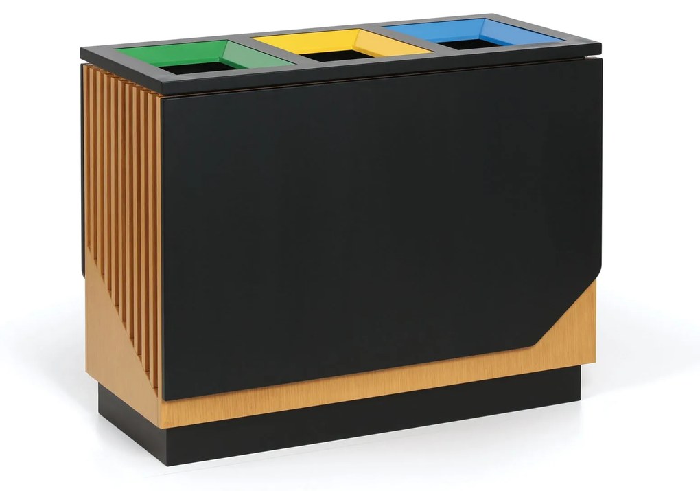 Kôš na triedený odpad, 3x89 l, čierny/imitácia dreva