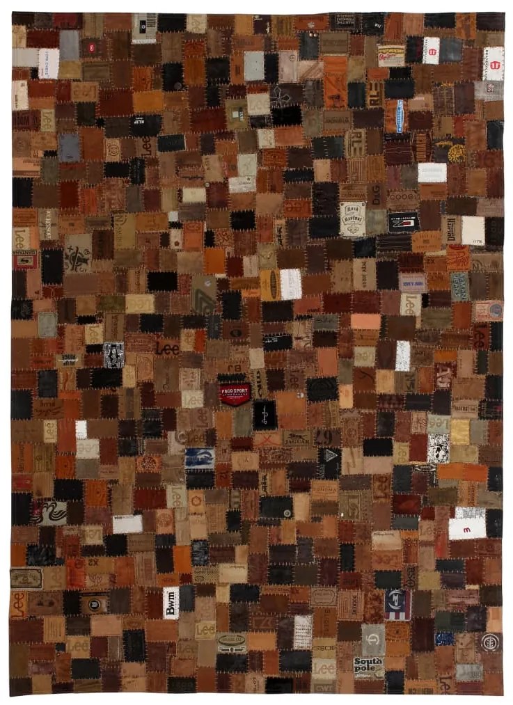 vidaXL Koberec z kožených vysačiek na džínsoch, patchwork, 120x170 cm hnedý