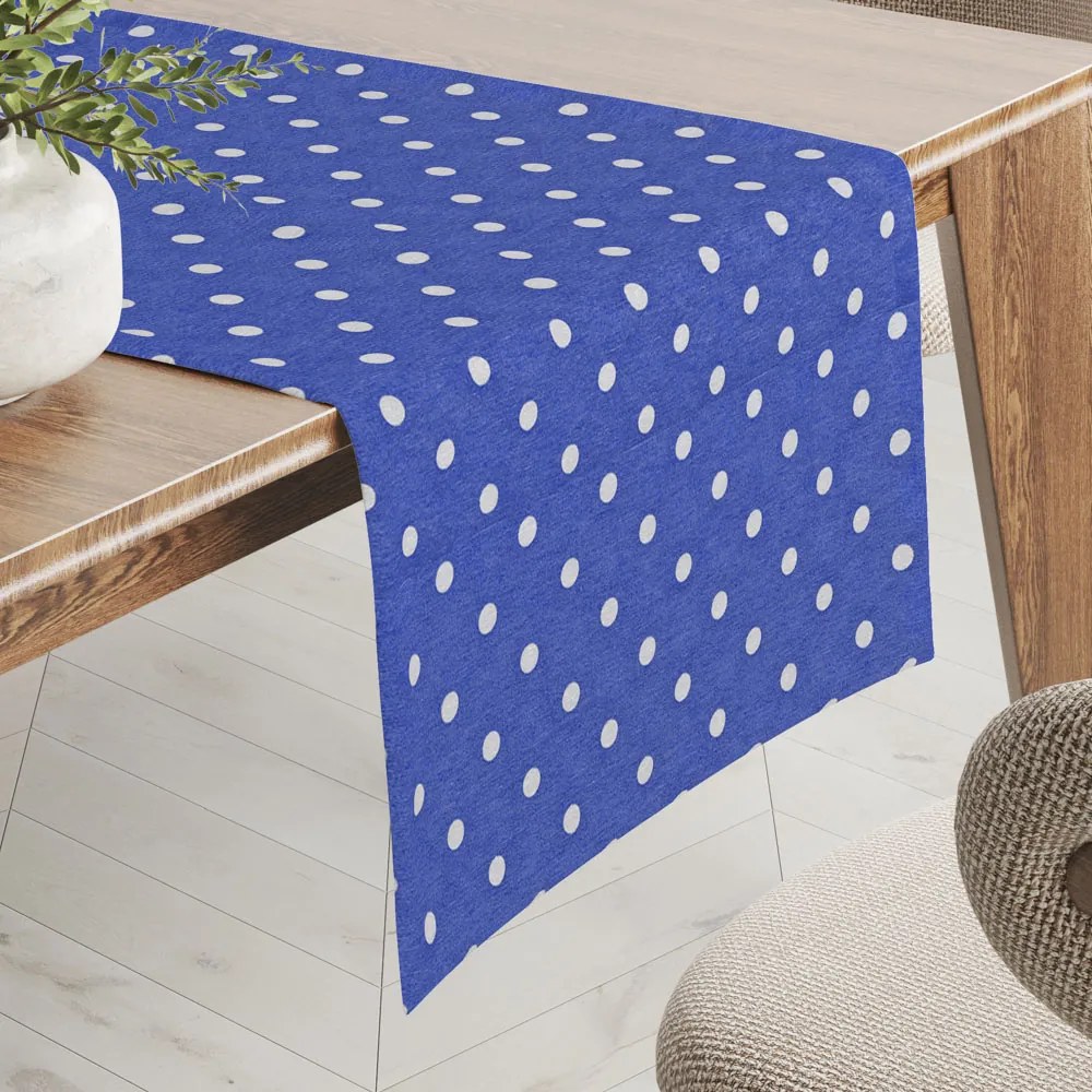 Biante Dekoračný behúň na stôl Leona LN-022 Biele bodky na sýto modrom 35x140 cm