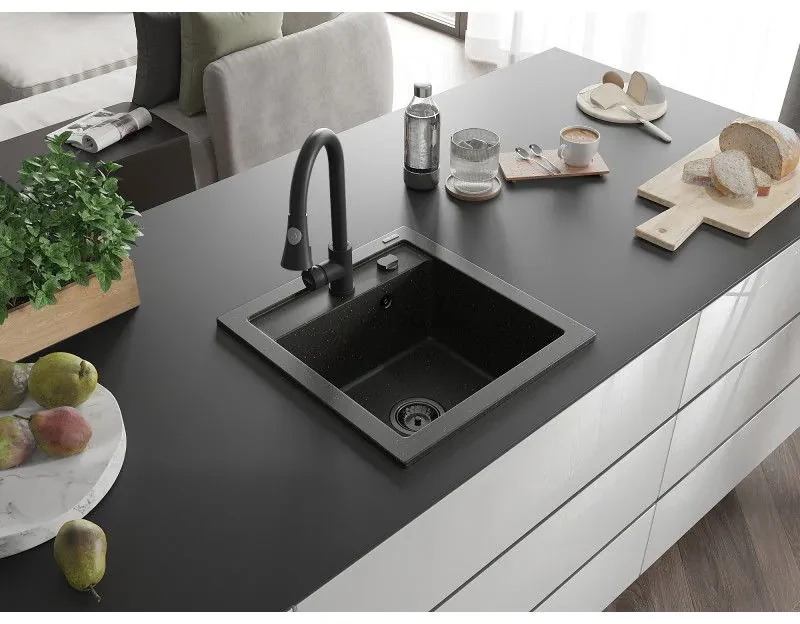 Mexen Vito, 1-komorový granitový drez 490x520x210 mm a drezová batéria Elia, čierna-zlatá metalíza, 6503-75-670101-70-B