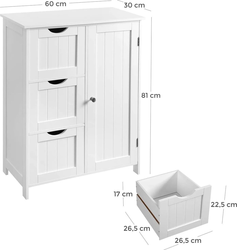 Kúpeľňová skrinka, s 3 zásuvkami a 1 dvierkami, biela
