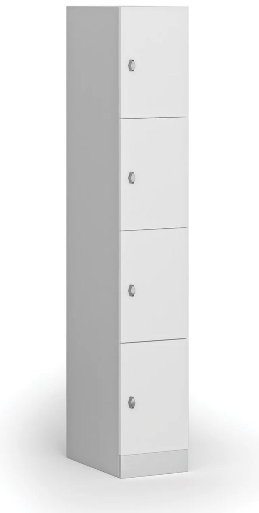 Šatníková skrinka S1 s úložnými boxmi, 4 boxy, 1850 x 300 x 500 mm, otočný zámok, laminované dvere, biela