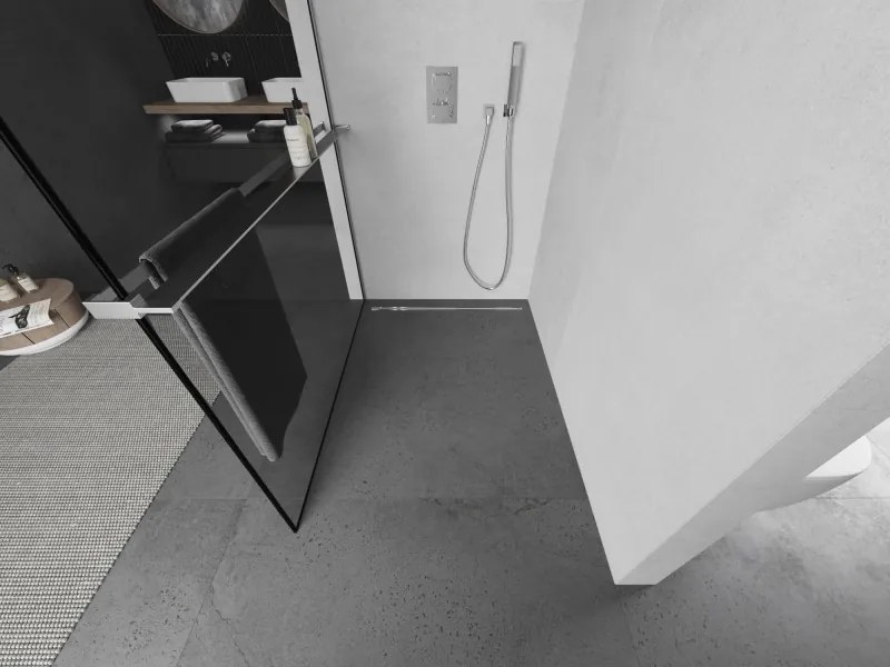 Mexen Kioto+ L, sprchová zástena Walk-In s poličkou a vešiakom 120 x 200 cm, 8mm číre sklo čierny vzor, chrómový profil, 800-120-123-01-70