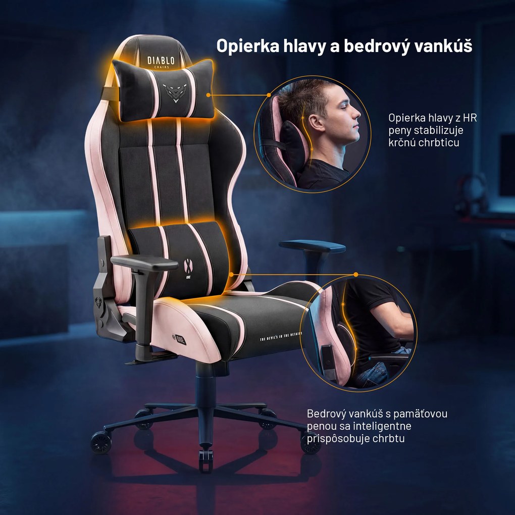 Herné kreslo z látkovým poťahom Normal Size, čierno-ružovej farbe: Diablo X-One 2.0 Akira Pink