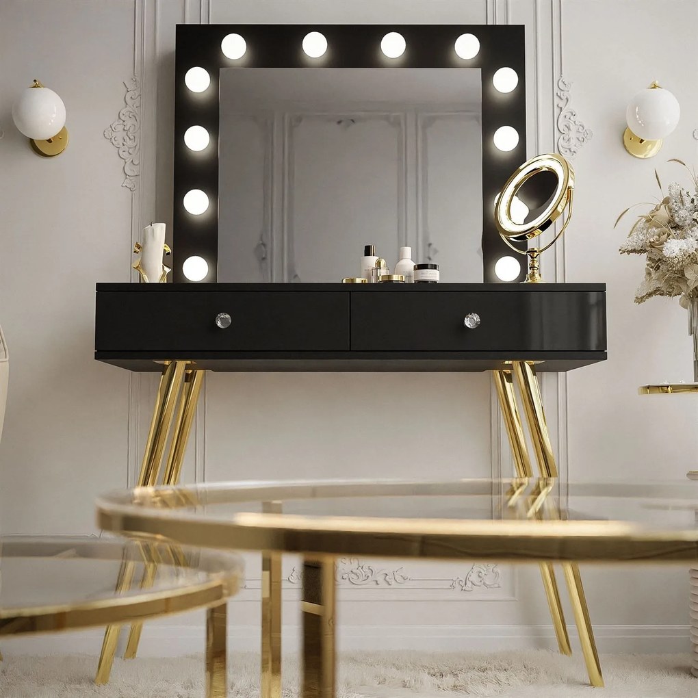 Toaletný stolík JOANNA II so zrkadlom + led osvetlenie, čierny lesk + zlatá