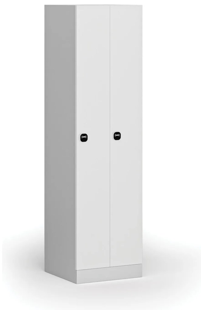 Kovová šatníková skrinka zúžená, 2 oddiely, 1850 x 500 x 500 mm, demont, zámok s čítačkou RFID kariet, laminované dvere, biela